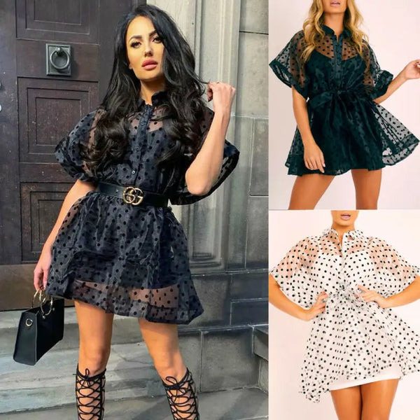 Sexy Women See Through Party Dress Tulle Lace Dot Print Design